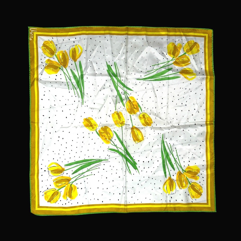 Vera Neumann Vintage Square Scarf Yellow Tulip Polka Dot Floral White Green 21in